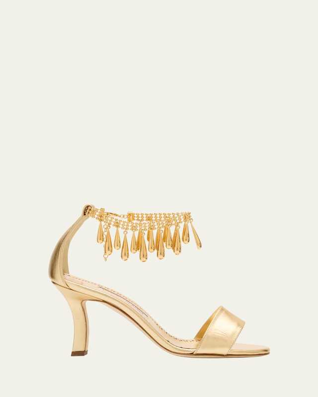 Nicusan Embellished Ankle-Chain Leather Sandals